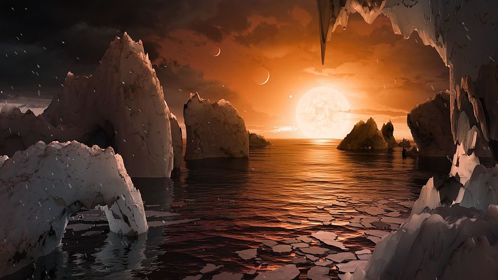 Vue de la surface de la lointaine planète froide TRAPPIST-1 f, telle que vue par l'artiste