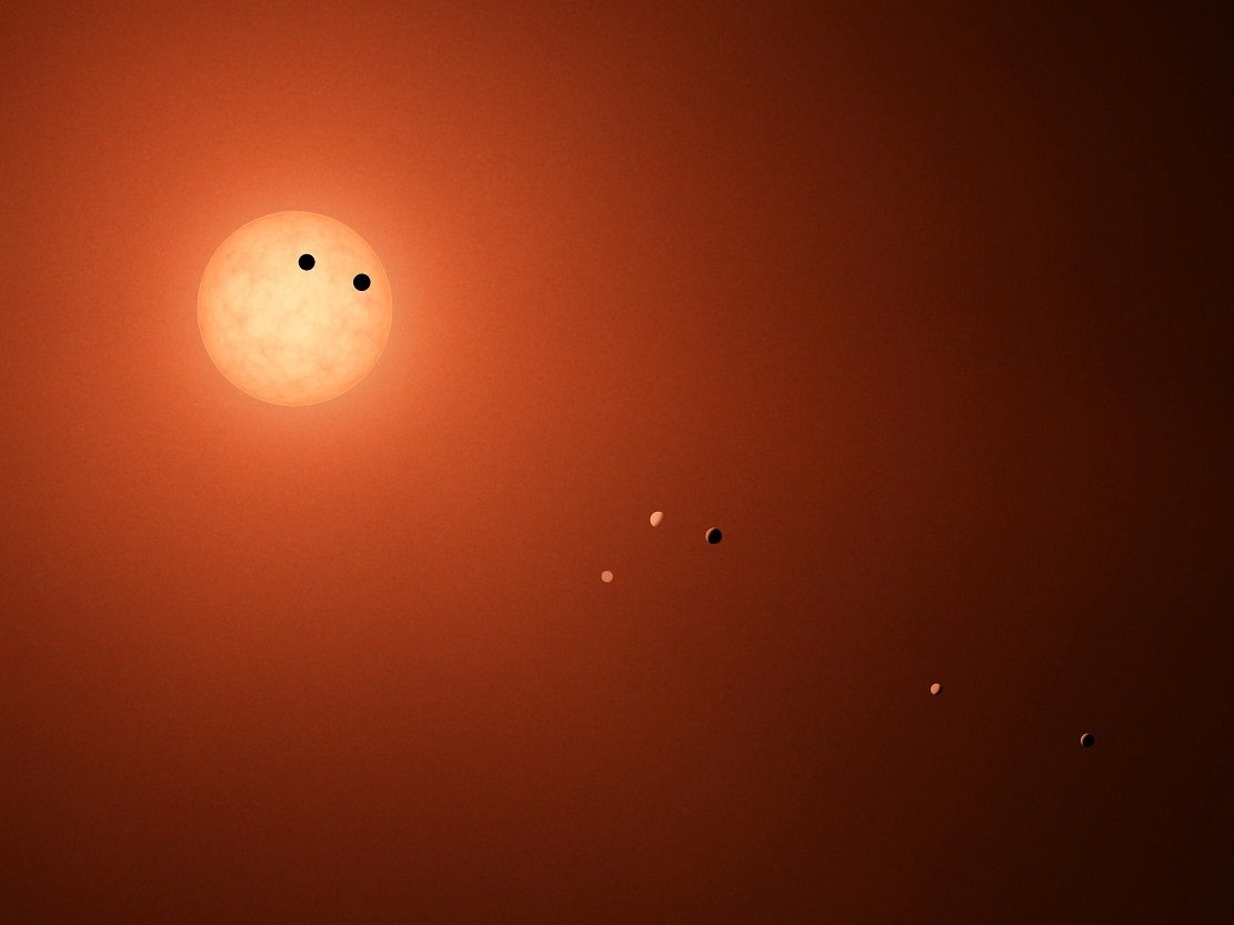 L'étoile TRAPPIST-1 et ses planètes dans un rendu d'artiste.