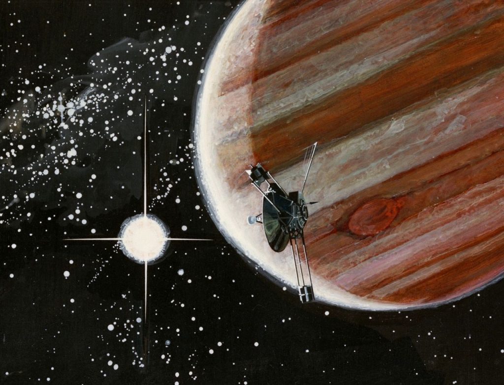 Pioneer-10 sur fond de Jupiter