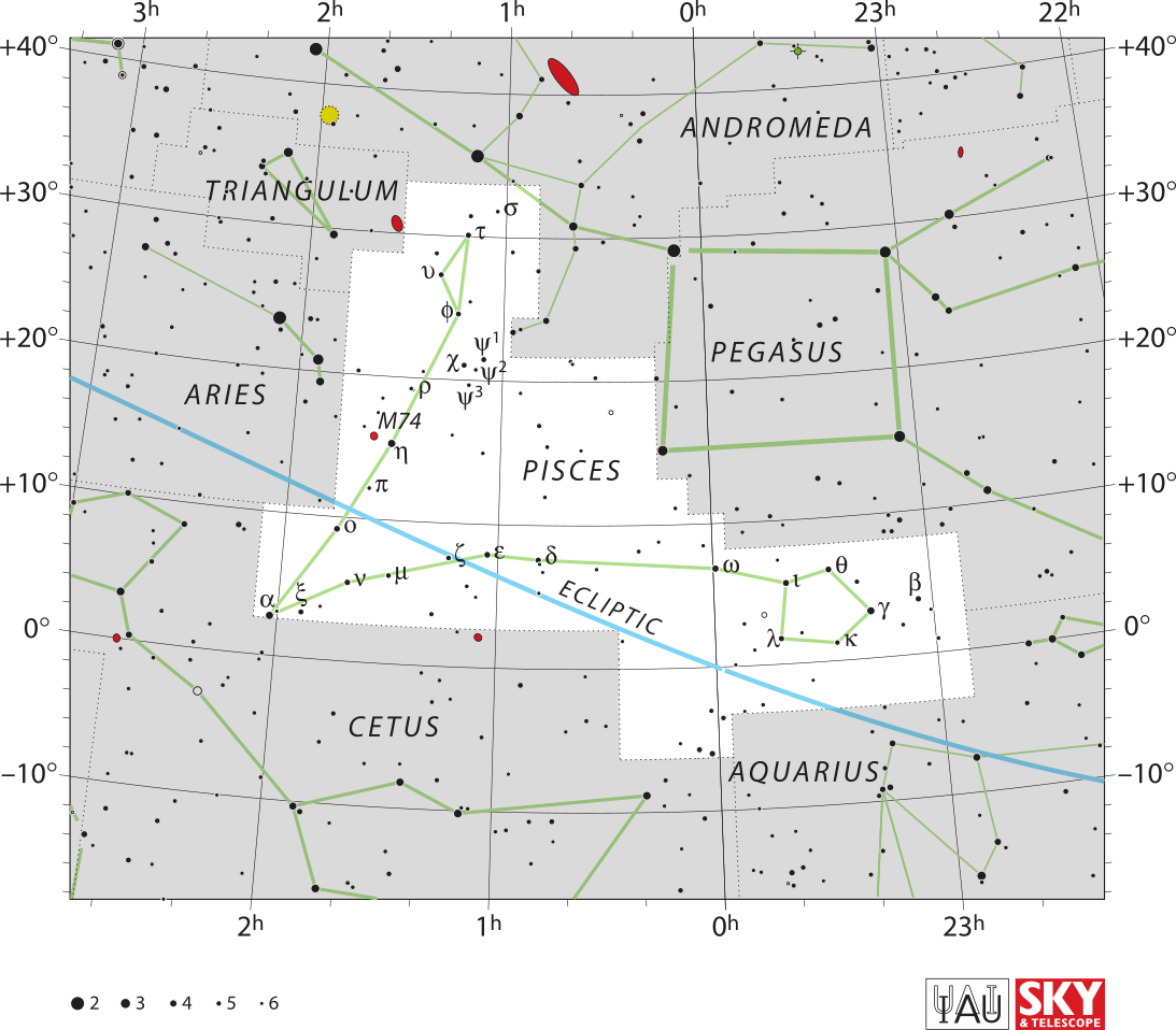 Position de la galaxie M74 dans la constellation des Poissons