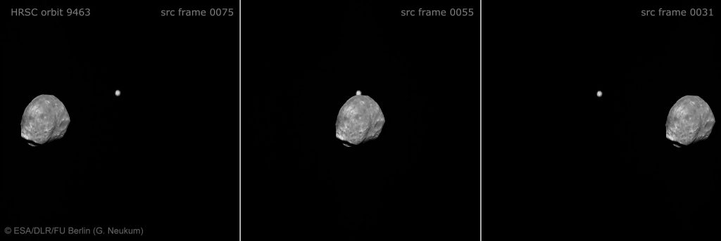 Images séquentielles de la sonde européenne Mars Express montrant le passage du satellite de Mars, Phobos, devant Jupiter.