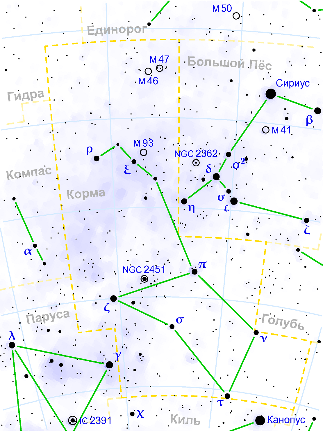 Amas dispersé M46 dans la constellation Korma (en haut)