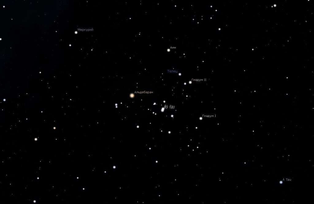 Localisation des Hyades, capture d'écran du programme Stellarium