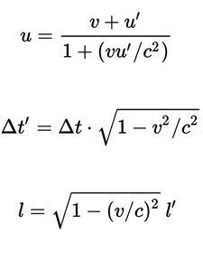 Equations de la théorie de la relativité : vitesse, temps et longueur d'un objet par rapport à la mécanique de Newton.