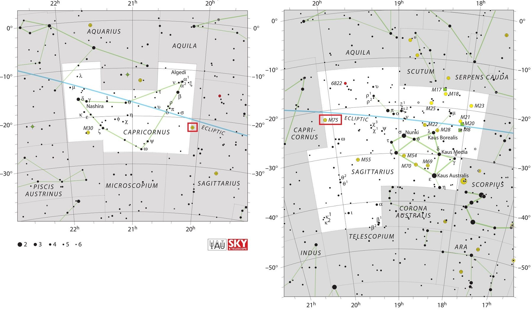 Position de l'amas M75 par rapport aux constellations du Capricorne et du Sagittaire