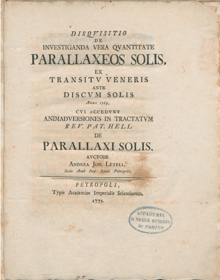 Monographie de Lexel sur la détermination de la parallaxe, publiée en 1772. 