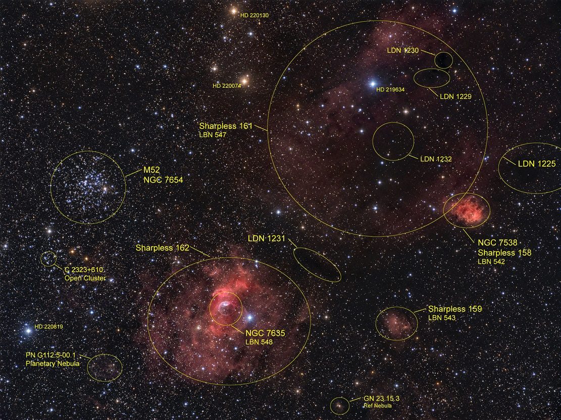 Les objets intéressants les plus proches de l'amas M52