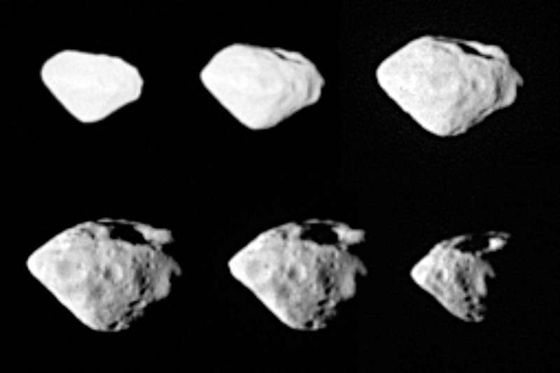 Six images consécutives prises par la sonde Rosetta lors de son survol de Steins
