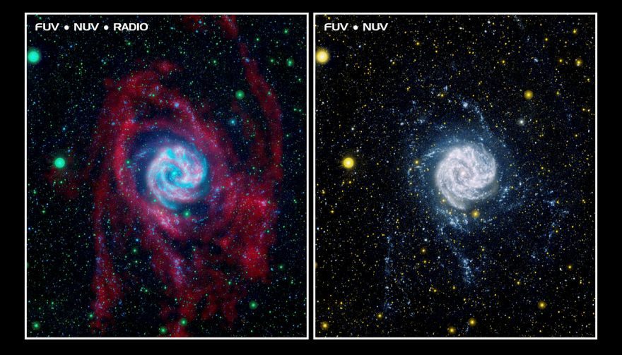 Photo de l'objet M83 dans les bandes radio (à gauche) et ultraviolette (à droite).