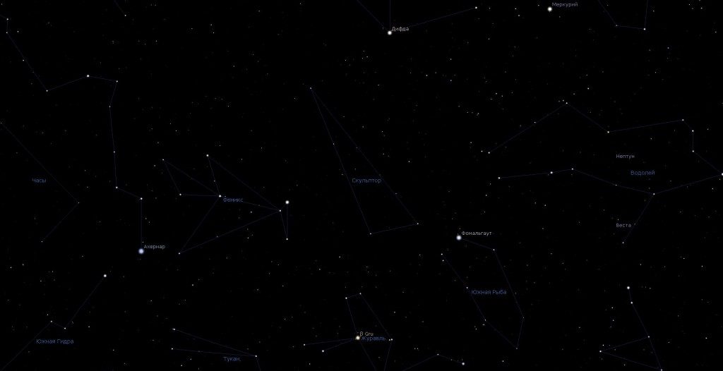 Constellation Sculptor, vue dans le programme du planétarium Stellarium