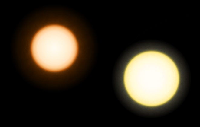 Comparaison de la taille de l'étoile Epsilon Eridanus (à gauche) et du Soleil.