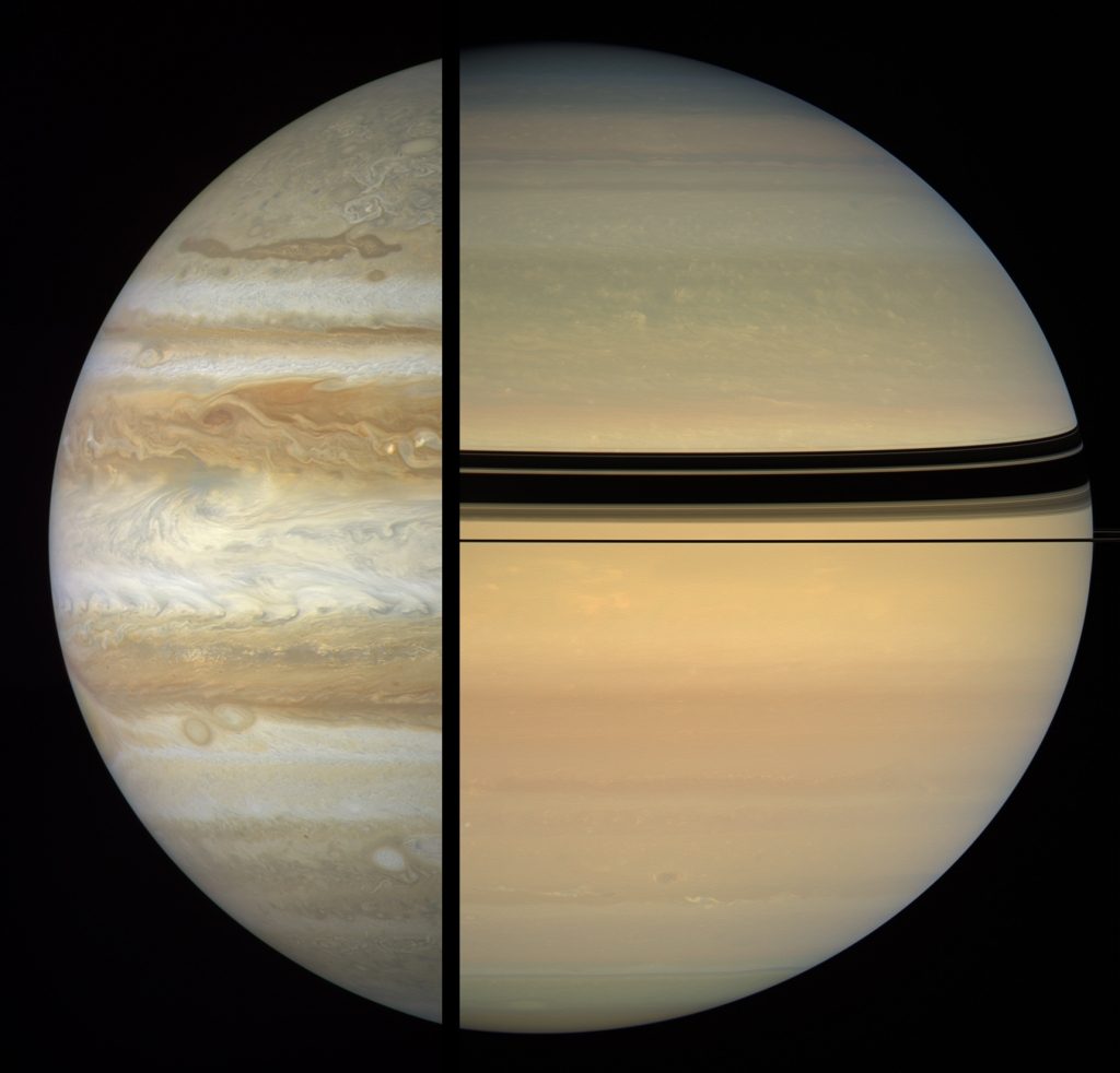 Comparaison de Jupiter et Saturne. L'échelle n'est pas respectée.
