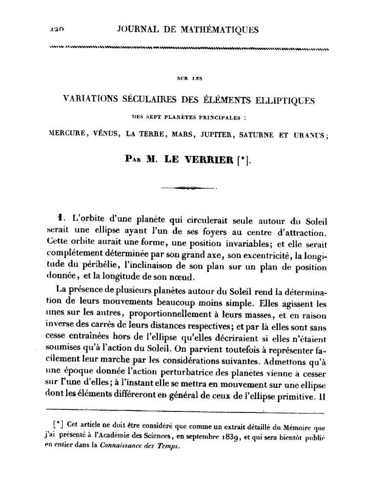 Article de Leverrier dans le Journal de Liouville (1840).