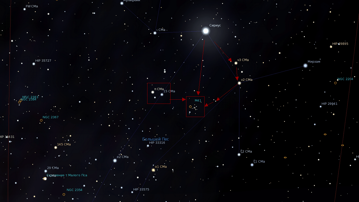 Position de l'amas d'étoiles M41 dans la constellation du Grand Chien.