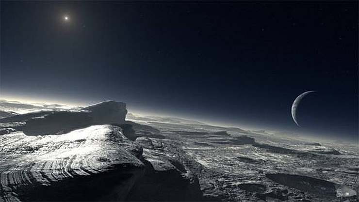 Voici à quoi peut ressembler la surface de Pluton. On aperçoit Charon au loin.