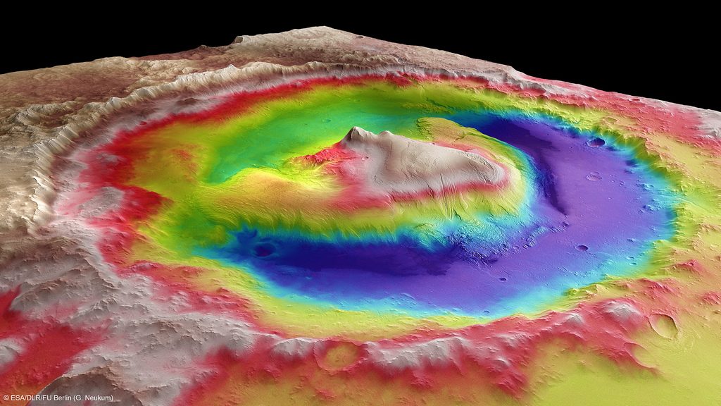 Topographie du cratère Gale, site d'atterrissage du rover Curiosity, d'après les données du satellite Mars Expres.