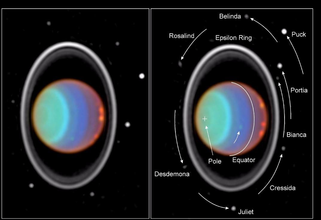 Image d'Uranus prise par le télescope spatial Hubble, avec de nombreux satellites et anneaux clairement visibles. 