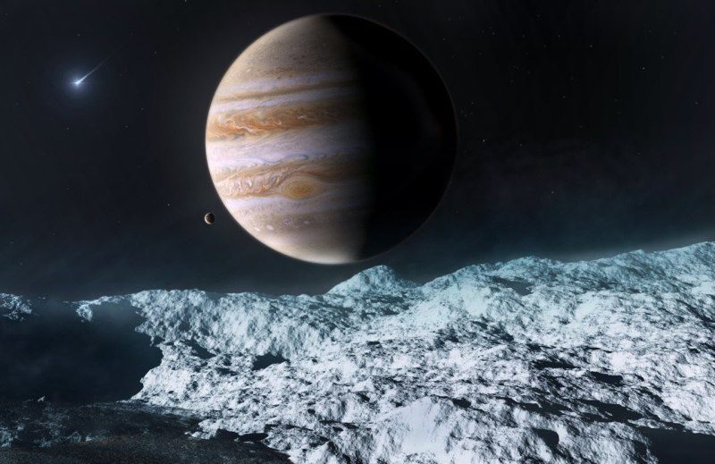 Représentation artistique de la vue d'Europe sur Jupiter.
