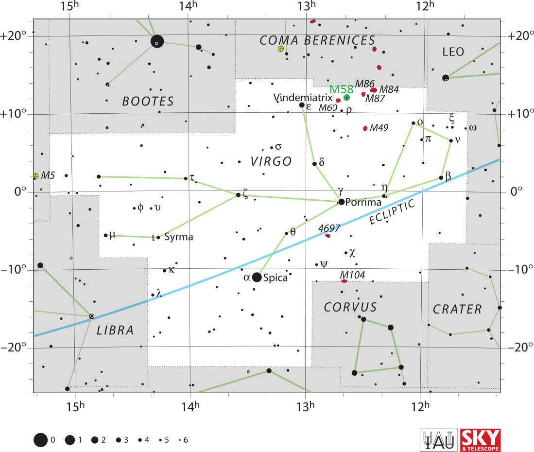 Position de la galaxie Messier 58 dans la constellation de la Vierge