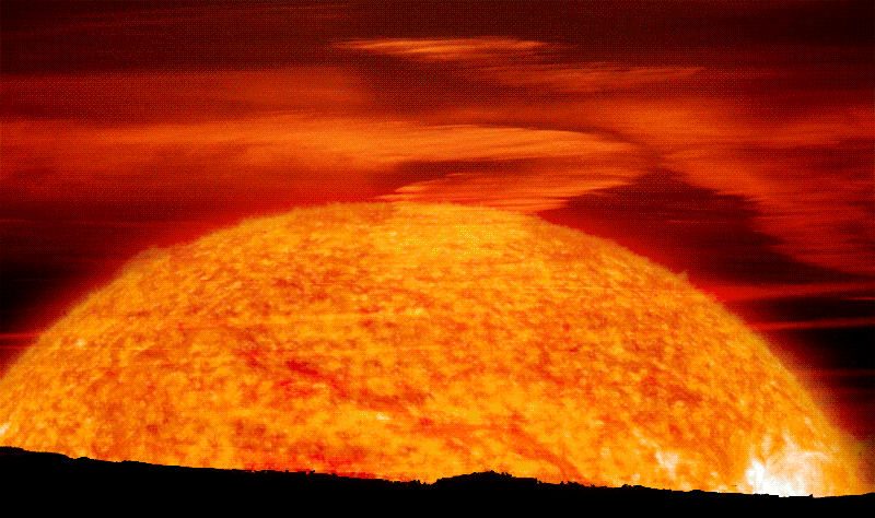Vue d'artiste de la géante rouge qu'est le Soleil se levant sur la Terre.