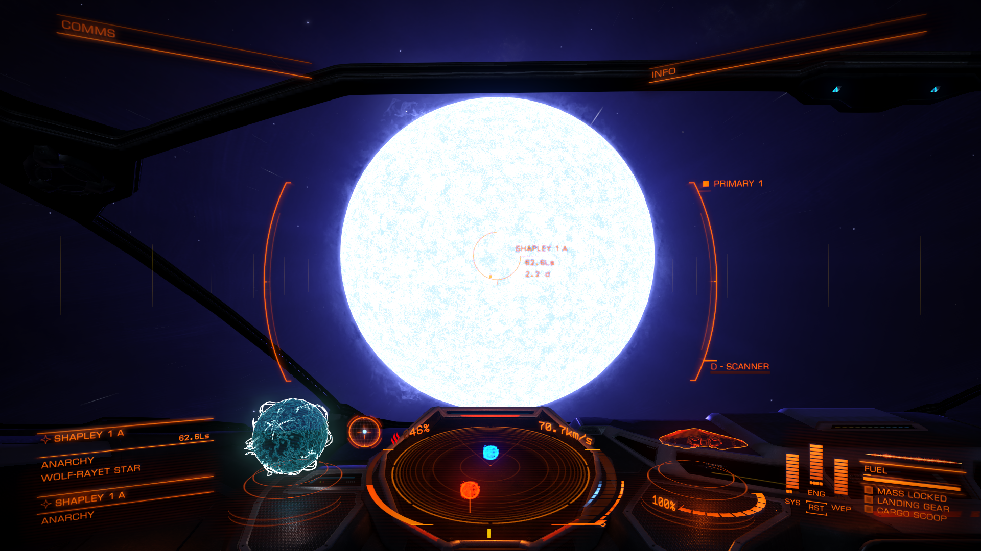 L'étoile Wolf-Raye vue d'un vaisseau spatial (Elite simulator).