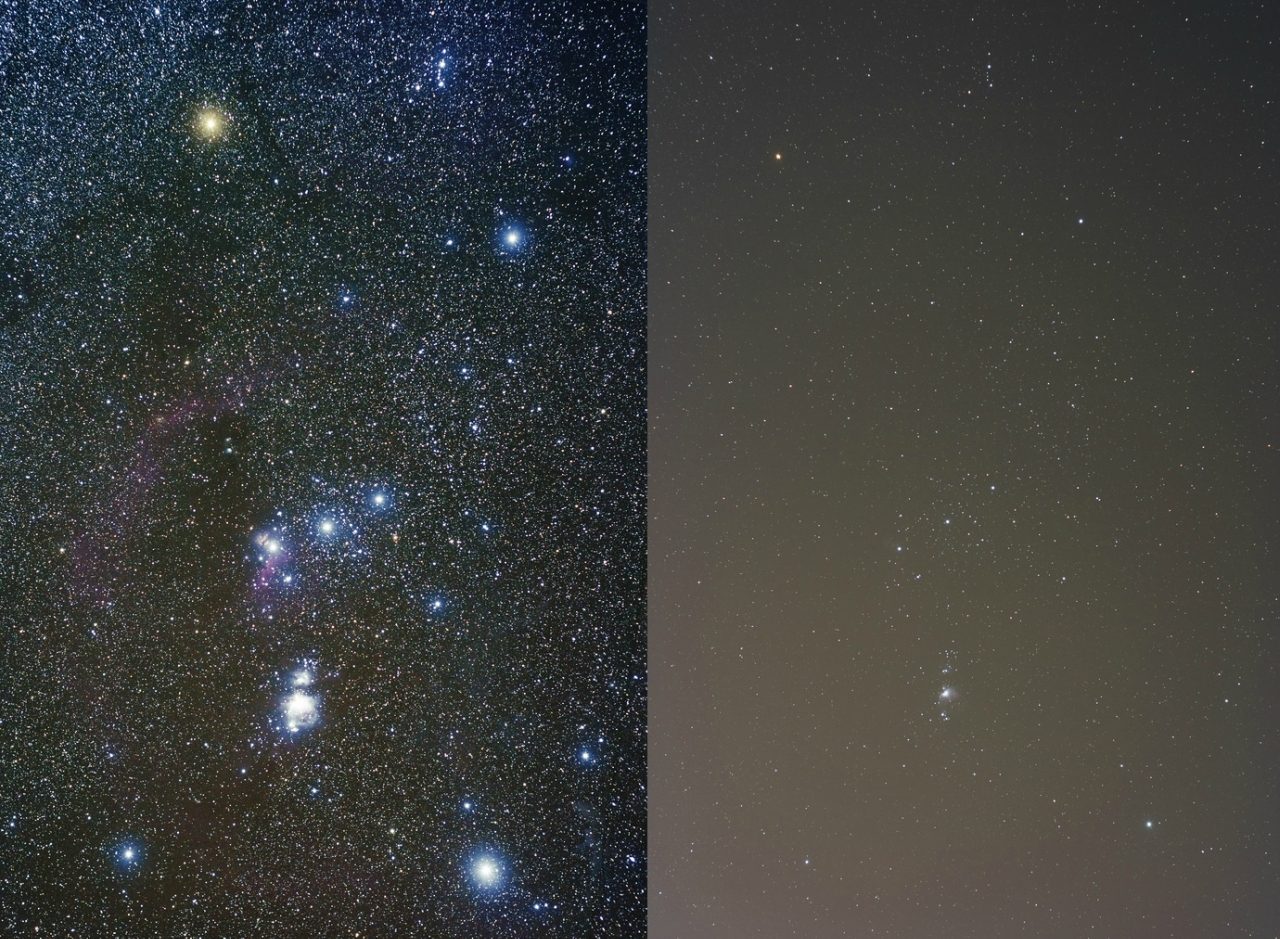 Étoiles dans un télescope (à droite) et à l'œil nu (à gauche)